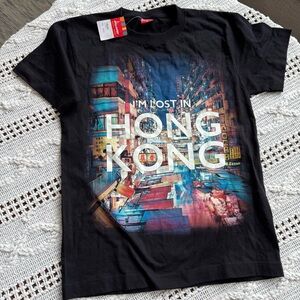 Black Graphic T-Shirt with Hong Kong Cityscape